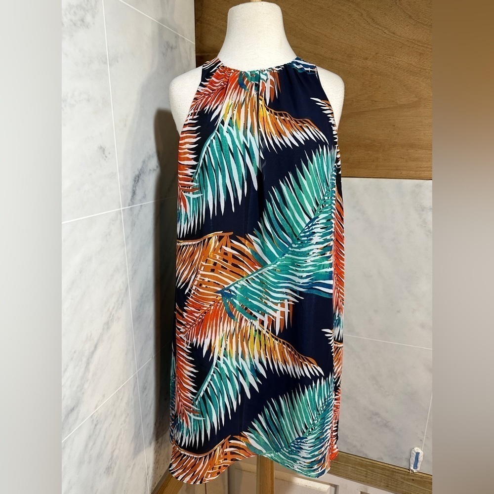 😊Vince Camuto Sundress  Multicolor Palms Sheer Sleeveless Scoop Neck size PS